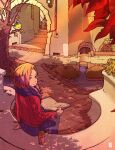  1girl bird blonde_hair blue_eyes book cup earmuffs from_behind highres inukoko leaf looking_at_viewer open_book original pants plant potted_plant purple_pants red_hair red_sweater scarf shadow sitting smile solo sweater tree wide_shot 
