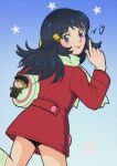  1girl bag black_hair character_doll closed_mouth coat commentary dawn_(pokemon) doll duffel_bag eyelashes hair_ornament hairclip hand_up heart long_hair long_sleeves looking_at_viewer looking_back pokemon pokemon_dppt pokemon_platinum red_coat scarf sidelocks smile socks solo star_(symbol) tee_(curiousdrifloon) 