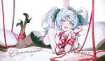 1girl ahoge animal_ears artist_name black_leotard black_ribbon black_shoes blue_eyes blue_hair bow bowtie brown_pantyhose center-flap_bangs colored_inner_hair commentary cuffs detached_collar english_commentary fingernails hair_between_eyes hair_ornament hair_ribbon hairband handcuffs hatsune_miku high_heels highres leg_ribbon leotard lying multicolored_hair nail_polish on_stomach open_mouth pantyhose pillow pink_bow pink_bowtie pink_hair pink_nails pink_pupils playboy_bunny rabbit_ears rabbit_hole_(vocaloid) rabbit_tail red_ribbon ribbon shoes short_twintails signature tail teardrop_facial_mark thigh_strap twintails twitter_username vocaloid white_hairband wrist_ribbon x_hair_ornament yutttang 