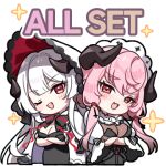  2girls :d ;d arms_under_breasts bernina_(stella_sora) black_gloves bonnet breasts cape cleavage commentary crossed_arms demon_girl demon_horns english_commentary fang fishnet_gloves fishnet_top fishnets gloves hair_intakes horns large_breasts long_sleeves looking_at_viewer lowres multiple_girls official_art one_eye_closed open_mouth pink_hair red_bonnet red_eyes see-through_cleavage see-through_clothes shrug_(clothing) simple_background skin_fang smile stella_sora transparent_background two-sided_bonnet virigia_(stella_sora) white_cape white_hair white_shrug 