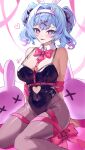  1girl ahoge alternate_breast_size_(larger) animal_ears aqua_eyes aqua_hair bare_shoulders black_leotard blush bound bow breasts cleavage closed_mouth clothing_cutout collarbone commentary_request cuffs fake_animal_ears hair_ornament handcuffs hatsune_miku heart heart_cutout heart_in_eye highres leotard looking_at_viewer medium_breasts multicolored_hair pantyhose pink_hair playboy_bunny rabbit_ears rabbit_hole_(vocaloid) rabbit_tail red_bow red_nails red_ribbon ribbon rulin_(user_hzcp8877) simple_background sitting smile solo sweat symbol_in_eye tail tongue tongue_out vocaloid wariza white_background wrist_ribbon 