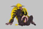  anthro balls body_hair capcom charcoal_inpachi chest_hair claws clothed clothing duo erection genitals hi_res horn human humanoid interspecies male male/male mammal mane monster_hunter muscular penis primatius pubes rajang simple_background sitting size_difference video_games 