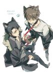 2boys absurdres animal_collar animal_ear_fluff animal_ears black_hair black_jacket black_pants brown_hair cat_ears cat_tail clenched_teeth collar collared_shirt commentary dated english_commentary eren_yeager from_above full_body furrowed_brow green_eyes grey_shirt highres holding holding_leash jacket jacket_partially_removed kemonomimi_mode leash levi_(shingeki_no_kyojin) male_focus multiple_boys pants parted_bangs paw_print shingeki_no_kyojin shirt short_hair tail teeth white_background white_shirt zest_(kumolyy) 
