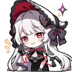  1girl black_dress black_gloves bonnet breasts cape cleavage commentary double-parted_bangs dress english_commentary gloves hair_intakes long_hair looking_at_viewer lowres notice_lines official_art red_bonnet red_eyes simple_background solo sparkle stella_sora transparent_background two-sided_bonnet two-sided_fabric v virigia_(stella_sora) white_bonnet white_cape white_hair 