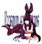  1girl animal_ears bangs black_hair breasts bunny_ears cleavage fake_animal_ears final_fantasy final_fantasy_xiv fishnet_legwear fishnets high_heels highres kiseru long_hair looking_at_viewer mole mole_under_mouth ooshima_ryou pantyhose pipe playboy_bunny simple_background smile solo white_background yellow_eyes 
