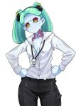  1girl :/ alternate_costume artificial_eye black_pants breasts clenched_hands closed_mouth colored_sclera colored_skin commentary cowboy_shot cyberpunk:_edgerunners cyberpunk_(series) green_hair hands_on_own_hips highres id_card lanyard lapels long_hair long_sleeves looking_at_viewer mechanical_eye neck_tattoo office_lady paid_reward_available pants partially_unbuttoned pink_tattoo rebecca_(cyberpunk) red_pupils red_sclera shirt shirt_tucked_in simple_background small_breasts solo tattoo twintails unusualpie white_background white_shirt white_skin wing_collar 