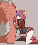  1girl absurdres asdf_4532 boots camerupt courtney_(pokemon) gloves hashtag-only_commentary high_heel_boots high_heels highres hood hoodie pokemon pokemon_(creature) pokemon_oras purple_eyes purple_hair red_gloves red_hoodie red_sweater short_hair solo sweater 