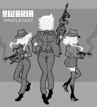  3girls absurdres anniversary awaria black_boots black_shoes boots breasts caroline_cutwire_1 caroline_cutwire_2 collared_shirt copyright_name english_commentary from_behind full_body garter_straps ghost gloves glowing greyscale gun hand_on_own_hip high_heel_boots high_heels highres holding holding_gun holding_weapon jacket jacket_on_shoulders large_breasts long_sidelocks looking_at_viewer monochrome multiple_girls necktie nikita_naprava open_mouth ponytail shirt shoes short_hair short_ponytail sidelocks skirt smile smoke smoke_trail submachine_gun suspenders teeth thighhighs thompson_submachine_gun vanripper vest weapon 