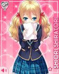  1girl aqua_eyes blonde_hair blue_eyes blue_skirt blush card_(medium) character_name freckles girlfriend_(kari) hair_ribbon holding holding_paper jacket looking_at_viewer miniskirt official_art paper pink_background plaid_clothes plaid_skirt pleated_skirt qp:flapper red_ribbon ribbon school_uniform shiratori_shiori skirt solo standing straight-on twintails wavy_hair 