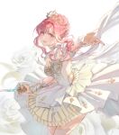  1girl armor blunt_bangs breastplate chinese_commentary circle_skirt collar collarbone commentary_request cowboy_shot detached_collar dot_nose dress eyelashes floating_clothes floating_hair floral_background flower frilled_arm_warmers gold_tiara hair_bun happy holding holding_sword holding_weapon infinity_nikki lanlan_rosario light_blush medium_dress melody_bloom_(infinity_nikki) miniskirt nikki_(nikki) nikki_(series) open_mouth outstretched_hand palms pink_eyes pink_hair pleated_dress pleated_skirt rapier rose short_hair_with_long_locks short_sleeves sidelocks single_hair_bun skirt skirt_under_dress smile solo standing sword teeth thighhighs updo upper_teeth_only wavy_hair weapon white_arm_warmers white_background white_collar white_dress white_flower white_rose white_thighhighs yellow_skirt 