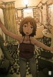 1girl 2014 bathroom bathtub brown_camisole brown_hair camisole denim feet_out_of_frame happy_new_year highres inukoko jeans looking_at_viewer mirror new_year open_mouth original pants shadow short_hair shower_curtain sink solo tile_floor tiles 