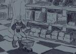  ambiguous_gender anthro canid canine conditional_dnp dacad detailed_background duo food greyscale groceries grocery_store human inside mammal monochrome nintendo pok&eacute;mon pok&eacute;mon_(species) riolu shopping_cart size_difference solo_focus standing supermarket tagme video_games 