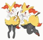  1girl animal_ear_fluff animal_ears animal_feet animal_nose batrobin_k black_fur blush blush_stickers body_fur braixen breasts fang feet fox_ears fox_girl fox_tail full_body furry furry_female grin half-closed_eyes hand_on_own_hip hand_to_own_mouth hand_up happy legs looking_at_viewer multicolored_fur multiple_views neck_fur open_mouth pawpads pokemon pokemon_(creature) red_eyes simple_background small_breasts smile snout standing stick tail teeth thighs white_background white_fur yellow_fur 