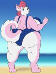  2020 absurd_res anthro beach breasts butt canid canine canis clothed clothing digital_drawing_(artwork) digital_media_(artwork) domestic_dog female fur hi_res husky looking_back mammal momma_anna nordic_sled_dog overweight pink_body raikugan seaside solo spitz swimwear 
