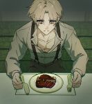  1boy black_pants closed_mouth collarbone commentary dreamycakesss english_commentary food fork grey_eyes grey_hair grey_shirt highres indoors knife looking_at_food looking_down male_focus meat original pants parted_bangs plate shirt short_hair sitting solo split_mouth suspenders table 