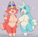  2021 animal_crossing anthro audie_(animal_crossing) big_breasts blue_body blue_fur breasts canid canine canis censored duo eyewear eyewear_on_head female front_view fur genitals gesture looking_at_viewer mammal nintendo nipples on_one_leg open_mouth open_smile pussy red_body red_fur short_stack skye_(animal_crossing) smile standing sunglasses sunglasses_on_head sususuigi video_games waving wolf 