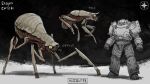  1boy 2others algebutter alien armor arthropod brown_carapace commentary creature dark_background english_commentary giant_insect glowing highres mandibles multiple_others power_armor project_morningstar red_carapace simple_background standing yellow_eyes 