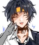  1boy 1other asaba_harumasa black_choker black_hair black_necktie cheek_pinching choker closed_eyes collarbone commentary_request headband highres kyo_uuuka male_focus motion_lines necktie open_mouth parted_bangs pendant_choker pinching portrait shirt short_hair simple_background solo_focus sweat white_background white_shirt yellow_eyes yellow_headband zenless_zone_zero 