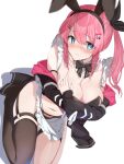  1girl animal_ear_hairband animal_ears apron arm_strap black_bow black_bowtie black_garter_belt black_garter_straps black_hairband black_hoodie black_panties black_ribbon black_thighhighs blue_eyes blush bow bowtie breasts cleavage closed_mouth commentary covering_breasts covering_privates detached_collar fake_animal_ears fingernails folia_leaf frilled_apron frills garter_belt garter_straps hair_between_eyes hair_bow hair_ornament hair_ribbon hairband hairclip highres hood hoodie kuramochi_meruto kuramochi_meruto_(1st_costume) large_breasts long_hair long_sleeves looking_to_the_side nail_polish navel nijisanji o-ring o-ring_thigh_strap open_clothes open_hoodie panties pink_bow pink_hair pink_nails rabbit_ear_hairband rabbit_ears ribbon side_ponytail simple_background single_thighhigh sitting solo stomach thigh_strap thighhighs thighs underwear virtual_youtuber wariza white_apron white_background 