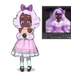  1girl aged_down alternate_costume bow cleffa dark-skinned_female dark_skin dress frilled_dress frilled_sleeves frills full_body hair_bow imo24005 jacinthe_(pokemon) long_sleeves looking_at_viewer low_drills mary_janes pantyhose pokemon pokemon_legends:_z-a purple_bow purple_dress purple_eyes purple_hair shoes short_bangs simple_background skirt_hold smile teeth upper_teeth_only very_dark_skin white_background white_pantyhose 