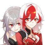  2girls :d bare_shoulders black_dress breasts closed_mouth commentary_request dress fu_hua fu_hua_(fenghuang_of_vicissitude) grey_hair hair_between_eyes hand_on_another's_shoulder herrscher_of_sentience highres honkai_(series) honkai_impact_3rd kino_mota long_hair multicolored_hair multiple_girls red_dress red_eyes red_hair simple_background small_breasts smile two-tone_hair upper_body white_background white_hair 