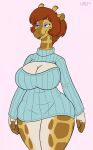  anthro breasts cleavage_cutout clothed clothing dab_(hirurux) female giraffe giraffid hair hi_res hirurux keyhole_turtleneck mammal meme meme_clothing no_pants solo spots sweater topwear white_chest 