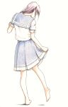  1girl absurdres barefoot bbmasa blue_sailor_collar blue_serafuku blue_skirt commentary_request from_behind full_body hibike!_euphonium highres kitauji_high_school_uniform liz_to_aoi_tori long_hair pleated_skirt purple_hair sailor_collar school_uniform serafuku shirt short_sleeves simple_background skirt skirt_hold soles solo standing standing_on_one_leg summer_uniform traditional_media white_background white_shirt yoroizuka_mizore 