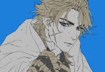  1boy adam's_apple arm_up blonde_hair blue_background blue_eyes cape commentary_request genshin_impact looking_at_viewer male_focus npn parted_lips scar scar_on_cheek scar_on_face scar_on_neck simple_background solo sweat upper_body varka_(genshin_impact) very_sweaty white_cape 