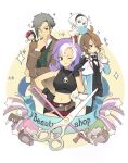  2boys 3girls ahoge alternate_hair_color alternate_hair_length alternate_hairstyle arm_at_side artist_request badge bare_shoulders belt belt_buckle beret black_cross_tie black_gloves black_hair black_hairband black_pants black_shirt black_shorts black_sleeves black_vest blunt_bangs breasts brown_belt brown_coat brown_eyes brown_hair brown_pants brown_sleeves buckle buttons capelet chibi circle cloe_da_pontina closed_mouth coat collared_shirt comb covered_collarbone crop_top cross_tie curtained_hair dress dress_pants english_text fingernails glasses gloves gold_buttons gradient_hair green_dress green_hair green_sleeves green_vest grey_hair hair_dryer hairband hand_on_own_hip hat ispin_charles jacket jellyppi jewelry lanziee_rozen_kranz lapels large_belt large_breasts long_sleeves looking_at_viewer loose_belt low_twintails maximin_liebkne mila_nebraska military_hat military_jacket military_uniform multicolored_hair multicolored_jacket multiple_boys multiple_girls narrow_waist navel necklace necktie nexon notched_lapels official_art one_eye_closed open_clothes open_coat pants parted_bangs pink_hair plain_epaulettes purple_hair rectangular_eyewear red_belt red_eyes red_hat red_jacket red_necktie rimless_eyewear scissors second-party_source serious shirt short_hair shorts simple_background skinny skull_necklace sleeve_cuffs sleeveless sleeveless_jacket smile sparkle star_(symbol) straight_hair strapless strapless_dress sweatdrop sword tales_weaver trench_coat turtleneck turtleneck_shirt twintails two-tone_jacket undershirt vest waistcoat weapon white_capelet white_gloves white_jacket white_shirt wig wing_collar 