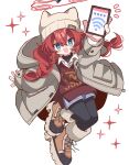  1girl :d animal_hat arm_up black_pantyhose blue_archive blue_eyes blue_shorts blush_stickers boots braid bright_pupils brown_boots cat_hat cellphone commentary double-parted_bangs full_body fur-trimmed_boots fur_trim furiba_794 grey_hat grey_jacket hair_between_eyes halo hat highres holding holding_phone jacket lace-up_boots long_hair long_sleeves looking_at_viewer maki_(blue_archive) notice_lines open_clothes open_jacket open_mouth pantyhose pantyhose_under_shorts phone red_hair red_halo red_sweater shorts simple_background smartphone smile solo sparkle sweater twin_braids white_background white_pupils wing_collar 