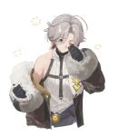  1boy ahoge bare_shoulders black_gloves blue_eyes coat fur_trim genshin_impact gloves hashtag-only_commentary highres illuga_(genshin_impact) jacket miaooon multicolored_hair one_eye_closed red_pupils rubbing rubbing_eyes white_background 