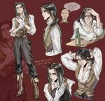  2boys adjusting_clothes adjusting_gloves alternate_universe aminogoose77 arms_behind_head bald black_pants boots bottle brown_boots brown_hair brown_vest closed_eyes collared_shirt commentary cup drinking_glass english_commentary english_text eren_yeager full_body gloves hair_between_eyes hair_over_shoulder hair_tie_in_mouth hand_on_own_chest hands_in_own_hair highres keith_shadis long_hair low_ponytail male_focus mouth_hold multiple_boys multiple_views old old_man pants parted_bangs ponytail red_background shingeki_no_kyojin shirt standing upper_body vest waistcoat white_gloves white_shirt wine_glass 