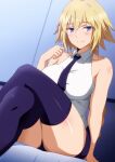  1girl bangs bare_shoulders blonde_hair blue_eyes blue_legwear blue_shorts blush braid breasts collarbone collared_shirt crossed_legs fate/apocrypha fate_(series) hara_(harayutaka) highres jeanne_d&#039;arc_(fate) jeanne_d&#039;arc_(fate)_(all) long_braid long_hair looking_at_viewer necktie shirt shorts single_braid sitting sleeveless sleeveless_shirt smile thighhighs thighs very_long_hair white_shirt 