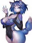 1girl animal_ears blue_eyes blue_fur breasts cleavage covered_navel fishnets fox_ears fox_tail fumio_(rsqkr) furry highres krystal looking_at_viewer solo star_fox_adventures tail thick_thighs thighs 