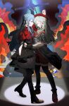  1088888888 2girls absurdres arm_up ascot bang_dream! bang_dream!_it's_mygo!!!!! black_ascot black_boots black_capelet black_corset black_ribbon black_skirt black_thighhighs blue_hair boots brooch capelet chinese_commentary closed_eyes commentary_request corset cross dancing earrings face-to-face fire full_body green_hair hair_ribbon hat high_heel_boots high_heels highres holding_hands interlocked_fingers jewelry long_hair long_sleeves looking_at_another mortis_(bang_dream!) mortis_(costume)_(bang_dream!) multiple_girls oblivionis_(bang_dream!) open_mouth pantyhose profile puffy_short_sleeves puffy_sleeves red_hat red_shirt red_shoes red_shorts ribbon shirt shoes short_sleeves shorts sidelocks skirt smile spotlight stage standing stuffed_animal stuffed_cat stuffed_toy thighhighs togawa_sakiko two_side_up wakaba_mutsumi yellow_eyes 