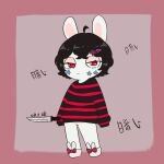 2024 accessory anthro artist_name bangs black_clothing black_hair black_shirt black_topwear chinese_text clothed clothed_anthro clothed_female clothing digital_drawing_(artwork) digital_media_(artwork) english_description evil_pey fan_character featureless_crotch female female_anthro flat_chested footwear fur hair hair_accessory hairclip half-closed_eyes hi_res holding_knife holding_object knife lagomorph light lighting long_ears looking_at_viewer mammal mouth_closed narrowed_eyes noseless pantsless_anthro pantsless_female peypey_mei1925 pupils rabbid raving_rabbids rayman_(series) red_eyes red_pupils right-handed shirt shoes short_hair simple_background sleeves_past_fingers solo stickers_on_face straight_legs tan_body tan_eyelids tan_inner_ear tan_skin text topwear translation_request ubisoft white_body white_clothing white_footwear white_fur white_shoes