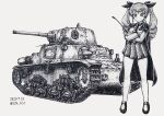  1girl anchovy_(girls_und_panzer) anzio_(emblem) anzio_school_uniform bangs belt cape carro_armato_m15/42 closed_mouth commentary crossed_arms dated dress_shirt emblem girls_und_panzer greyscale ground_vehicle hair_ribbon highres holding long_hair long_sleeves looking_at_viewer military military_vehicle monochrome motor_vehicle necktie nspa_(spa-jcs) pantyhose pleated_skirt ribbon riding_crop school_uniform shirt shoes skirt smile solo standing tank traditional_media twintails twitter_username wing_collar 