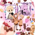  !? 2girls arms_up blonde_hair blush chocolat_meilleure chocolate commentary_request cookie food full_body green_eyes hano_luno heart_pendant highres long_hair multiple_girls multiple_views notice_lines orange_hair purple_eyes school_uniform short_hair skirt socks striped_clothes striped_thighhighs sugar_sugar_rune thighhighs vanilla_mieux white_socks 