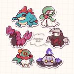  1girl 1other ameya_(kappadoll) aqua_fur arm_at_side arms_up artist_name black_eyes black_sclera blank_eyes bob_cut body_fur bright_pupils chandelure character_cutout chibi chibi_only closed_mouth colored_sclera colored_skin commentary_request copyright_name excadrill feraligatr fire flexing full_body furry gardevoir green_hair green_skin grid_background hair_over_one_eye half-closed_eyes hand_up hawlucha jitome looking_afar looking_at_viewer multicolored_fur multicolored_skin one_eye_covered outline pokemon pokemon_(creature) pokemon_legends:_z-a purple_fire red_eyes red_fur scolipede short_hair signature standing two-tone_skin white_background white_fur white_outline white_pupils white_skin yellow_eyes yellow_sclera 