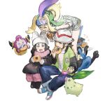 3girls :d ansha_(pokemon) black_coat black_shoes blonde_hair brown_hair chikorita closed_eyes coat commentary_request donut eating food fumuna green_jacket harmony_(pokemon) hat headband hoopa hoopa_(confined) jacket korrina_(pokemon) long_hair lucario multiple_girls open_clothes open_jacket open_mouth pants pink_scarf pokemon pokemon_(creature) pokemon_legends:_z-a scarf shirt shoes sitting smile white_background white_hat white_shirt 