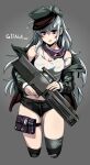  1girl assault_rifle asymmetrical_legwear bangs black_legwear black_shorts breasts brown_eyes character_name commentary cowboy_shot cropped_legs english_text frown g11_(girls_frontline) girls_frontline grey_background grey_headwear grey_jacket gun h&amp;k_g11 hat holding holding_gun holding_weapon jacket long_hair long_sleeves looking_at_viewer medium_breasts micro_shorts off_shoulder older over-kneehighs parted_lips rifle shirt shorts silver_hair solo standing tank_top thigh_pouch thighhighs trigger_discipline weapon white_shirt yaruku 