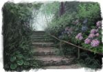  atsumori177 blue_flower bush commentary_request flower forest grass hydrangea nature no_humans original painting_(medium) pink_flower railing scenery traditional_media tree weeds 
