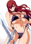  1girl ass_visible_through_thighs bikini black_bikini breasts brown_eyes cameltoe choker cleavage commission covered_nipples earrings erza_scarlet fairy_tail flower hair_flower hair_ornament hair_over_one_eye highres holding holding_sword holding_weapon jewelry large_breasts long_hair looking_at_viewer navel parted_lips red_hair simple_background skeb_commission solo swimsuit sword weapon white_background yajiro_masaru 