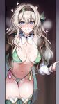 1girl bikini bite_mark bite_mark_on_breast blush condom condom_belt detached_collar firefly_(honkai:_star_rail) green_bikini green_thighhighs grey_hair hairband heart hickey highres honkai:_star_rail honkai_(series) jacket long_hair looking_at_viewer mini2chainz purple_eyes pussy_juice smile solo steaming_body sweat swimsuit thighhighs trembling used_condom 