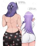  2girls absurdres acheron_(honkai:_star_rail) after_sex arnkun back_muscles bare_shoulders black_swan_(honkai:_star_rail) breasts character_print commentary english_commentary english_text from_behind hello_kitty highres honkai:_star_rail honkai_(series) long_hair multiple_girls muscular muscular_female purple_hair pussy_juice sanrio scratches shirt simple_background topless_female white_background white_shirt yuri 