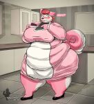  2018 absurd_res anthro apron belly big_breasts big_butt blush breasts butt cake canid canine canis clothing dessert digital_drawing_(artwork) digital_media_(artwork) domestic_dog embarrassed female food hi_res husky kitchen looking_at_viewer maid_uniform mammal momma_anna nordic_sled_dog obese obese_female overweight overweight_female signature solo spitz takarachan thick_thighs uniform wide_hips 