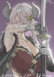  1girl armpits breasts cleavage collarbone demon_horns draph emuson gloves granblue_fantasy hair_ornament hair_over_one_eye holding holding_sword holding_weapon horns large_breasts long_hair looking_at_viewer narmaya_(granblue_fantasy) pink_eyes pink_hair pointy_ears sheath sword unsheathing weapon 