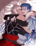  2boys archer_(fate) bare_shoulders blue_hair capelet cu_chulainn_(caster)_(fate) cu_chulainn_(fate)_(all) dark_skin dark_skinned_male earrings elbow_gloves fang fate/grand_order fate_(series) fingerless_gloves fur-trimmed_hood fur_trim gloves hood hooded_capelet hug jewelry kiss long_hair male_focus multiple_boys namahamu_(hmhm_81) on_bed red_eyes white_hair 