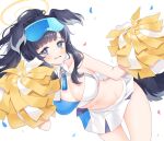  1girl animal_ears black_hair blue_archive blue_eyes breasts cheerleader cleavage commentary_request dog_ears dog_girl dog_tail goggles goggles_on_head halo hibiki_(blue_archive) hibiki_(cheer_squad)_(blue_archive) holding holding_pom_poms long_hair looking_at_viewer millennium_cheerleader_outfit_(blue_archive) navel official_alternate_costume open_mouth pom_pom_(cheerleading) simple_background skirt soda_ade solo star_(symbol) star_sticker sticker sticker_on_face tail white_background yellow_halo 