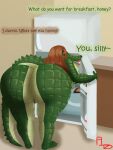3:4 alligator alligatorid appliance bent_over_with_legs_held_straight big_butt brown_eyes butt crocodilian english_text female flightlesslizard fridge genitals hi_res huge_butt kitchen_appliance lips muscular pupils reptile riley_(flightlesslizard) scalie sharp_teeth slit_pupils solo talking_to_another talking_to_partner teeth text vulva